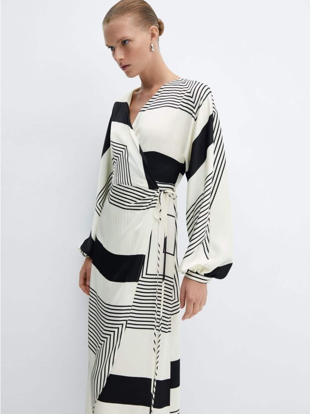 Mango Black & White Geometric Wrap Midi Dress
